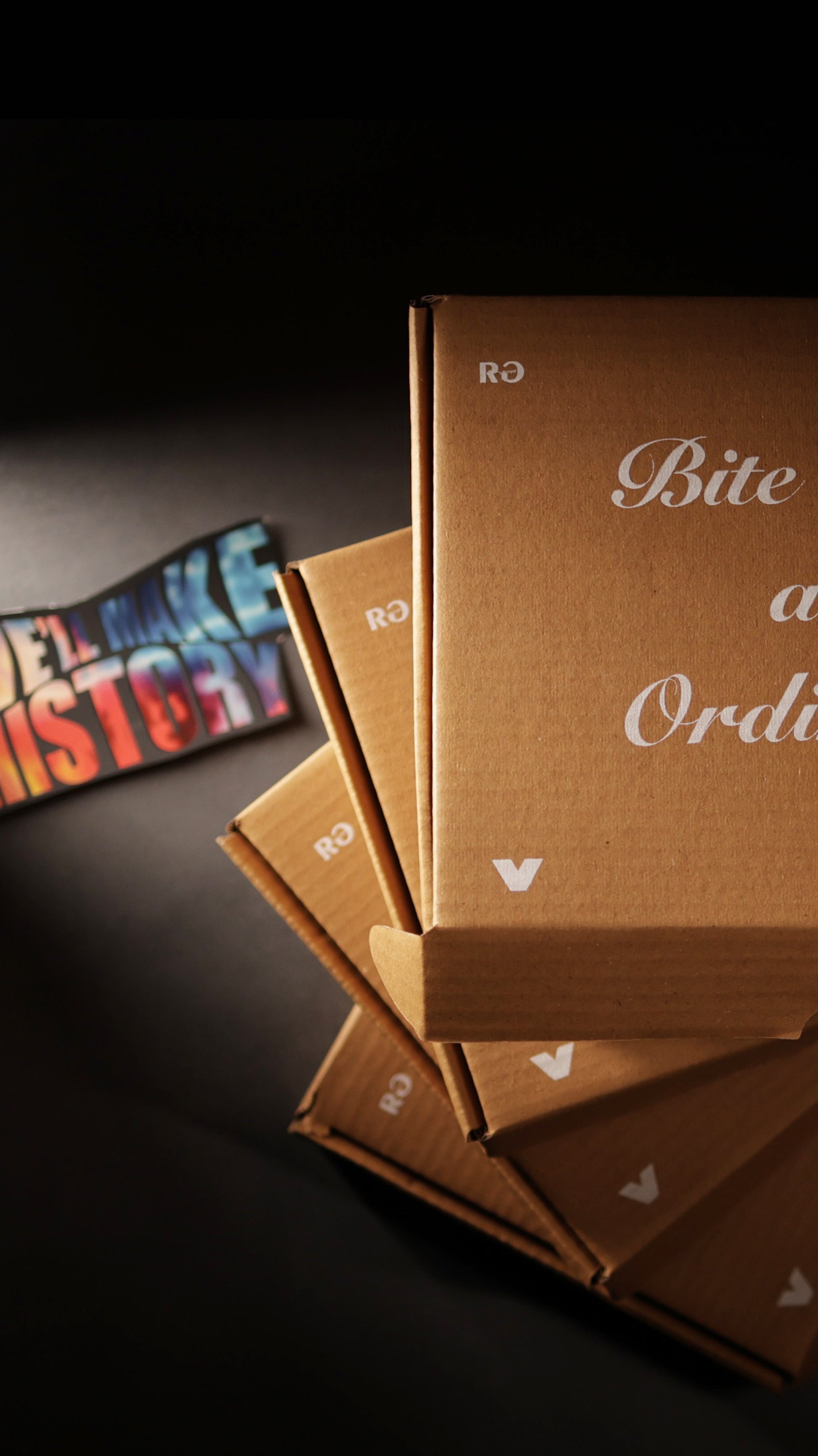 Brown boxes with text on a dark background